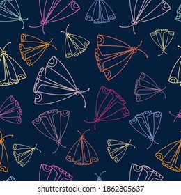 Modern seamless pattern colorful design with abstract lined moths butterflies on dark blue background. Can be used for printing on paper, stickers, badges, bijouterie, cards, textiles. 