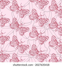 Modern seamless pattern colorful design with hand drawn and purple butterflies on pink background. Can be used for printing on paper, stickers, badges, bijouterie, cards, textiles.