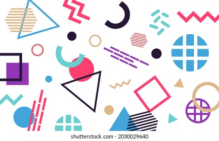 Modern seamless pattern with colorful lines and geometric shapes on white background. Trendy abstract backdrop. Vector illustration in retro style for wrapping paper, wallpaper, textile print.