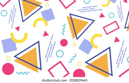 Modern seamless pattern with colorful lines and geometric shapes on white background. Trendy abstract backdrop. Vector illustration in retro style for wrapping paper, wallpaper, textile print.