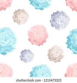 Modern seamless pattern with colorful pom poms of different size. Backdrop with dance props used in choreography performances and cheerleading. Vector illustration for wrapping paper, textile print.