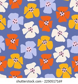 Patrón moderno y sin costuras con flores coloridas y simples sobre un fondo azul. Textura dibujada a mano de doodle de moda en vector. Perfecto para el diseño de telas de tela tapizados de regalo y la reserva de chatarra.