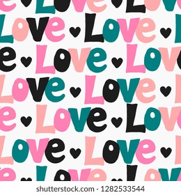 Modern seamless pattern with colorful text "Love" and tiny hearts in black on white background.