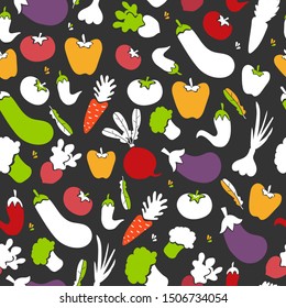 Modern seamless pattern, colorful vegetables - carrot,  radish, bell and chilli pepper, squash, beet, eggplant, broccoli, tomato. Black background, yellow, green, purple veggies with white elements.