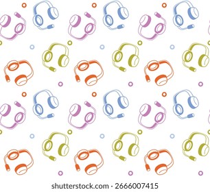 A modern seamless pattern of colorful wireless headphones on a clean white background