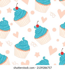 Modern seamless pattern cupcakes. Vector background with cakes and cherry. Sweet pastries with hearts, dots and stars. Food texture, pattern. Cartoon drawing. For packaging, wrapping paper.