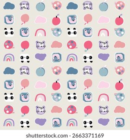 Modern seamless pattern with cute animal and rainbow icons for kids.