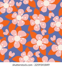 Modern seamless pattern with cute pink flowers on a blue background. Trendy doodle hand drawn texture in vector. Perfect for fabric cloth design wallpapers gift wrap and scrapbooking.