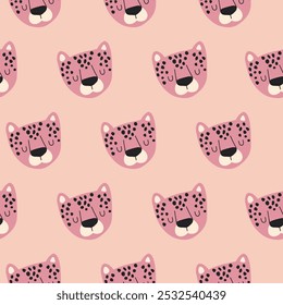 Modern seamless pattern with cute pink leopards. Colorful design with animals. Pattern for fabric, textiles, notepads and wrapping paper.