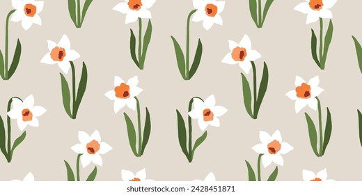 Modern seamless pattern with daffodil flowers. Hand-drawn spring flowers