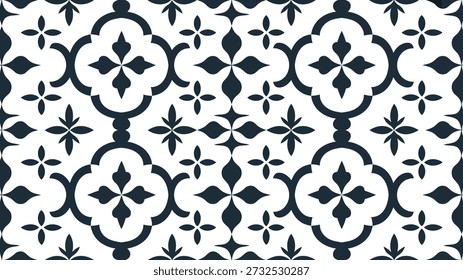A modern seamless pattern with dark blue floral and curved geometric elements, creating a visually appealing and repeating tiled motif.