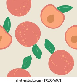 Modern seamless pattern design with peaches. Colorful summer background for fabric design print, textile, backdrops. Contemporary art. Stock vector illustration, eps 10