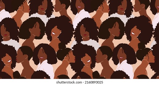 Modern Seamless pattern and diverse black women's faces   trendy hairstyles  Female portrait African Americans and beautiful faces   smiles  Black lives matter concept