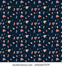 Modern seamless pattern in diverse colorful styles with abstract mosaic stone shapes and dots. Minimalist art background set ideal for print, fashion or trendy design project.