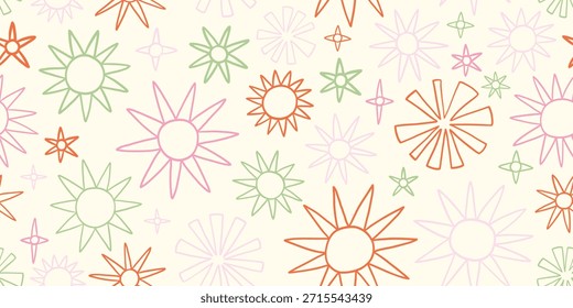 Modern seamless pattern with doodle bright stars, endless pattern, contour line star illustration. Christmas ornament, birthday design with light background. Trendy modern cute vector illustration.