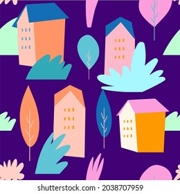modern seamless pattern with doodle buildings, bushes, trees on violet background. Modern wall art design