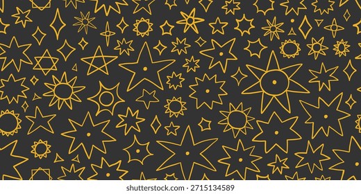 Modernes nahtloses Muster mit goldenen Sternen, endloses Muster, Konturlinie Sterngrafik. Weihnachtsschmuck, Geburtstagsdesign mit hellem Hintergrund. Trendy moderne Vektorgrafik.