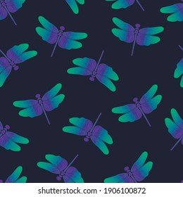 Modern seamless pattern with dragonflies. Neon insects on a blue background. Fashionable gradient design for packaging, fabric, web, office supplies. Vector illustration of abstract dragonflies.