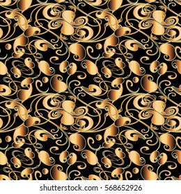 Modern seamless pattern. Elegant black background. Ornate floral wallpaper with vintage gold 3d paisley flowers, leaves and antique swirl line art ornaments. Vector luxury fabric texture.