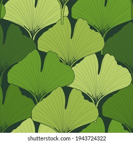 Modern seamless pattern with elegant Ginkgo Biloba leaves in green colors. Versatile trendy background design for packaging, wallpaper, postcards. Trendy textile pattern. Stock vector illustration.