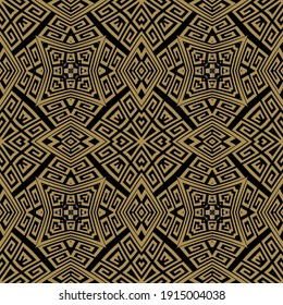 Patrón moderno y sin fisuras. Origen étnico Deco. Repetir el fondo de la vectorial griega. Ornamentos geométricos dorados con formas abstractas, clave griega antigua, serpenteantes. Diseño de texturas tribales ornamentales.