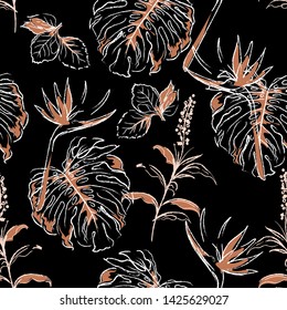 Modern seamless pattern exotic forest in vector with palm leaves and hand drawn doodle brushed line. Vector illustration.  Abstract design for fashion,fabric,web,wallpaper , and all prints on black 