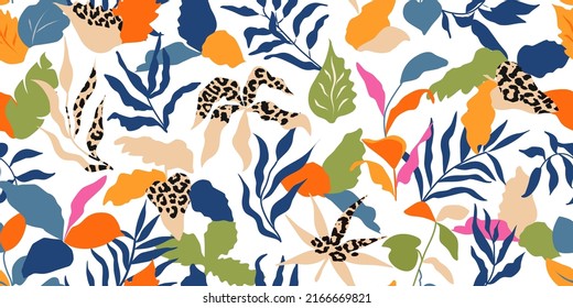 Modern seamless pattern with exotic leaves.Abstract background with tropical plants for paper, wallpaper, cover, fabric and other users. Vector illustration