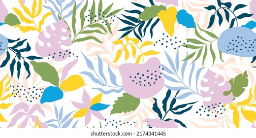 Modernes, nahtloses Muster mit exotischen Blättern.Abstrakter Hintergrund mit tropischen Pflanzen für Papier, Tapete, Cover, Stoff und andere Benutzer. Vektorgrafik