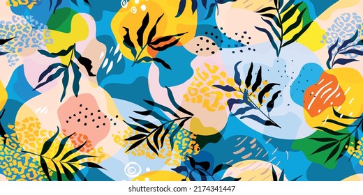 Modern seamless pattern with exotic leaves.Abstract background with tropical plants for paper, wallpaper, cover, fabric and other users. Vector illustration