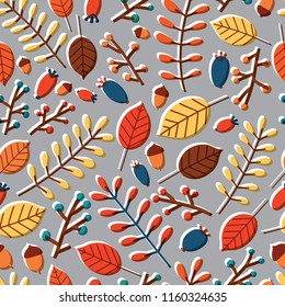 Modern seamless pattern with fallen leaves, tree branches, sprigs, twigs, acorns and berries on grey background. Autumn vector illustration in flat cartoon style for wrapping paper, fabric print.