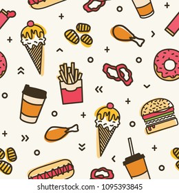 Modern seamless pattern with fast food. Colorful backdrop with various meals - ice cream, burger, donut, french fries, hot dog, fried chicken. Vector illustration for wrapping paper, textile print