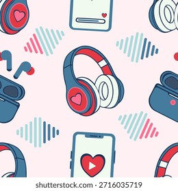 Patrón moderno sin fisuras con auriculares, teléfonos inteligentes y listas de reproducción de amor. Fondo plano de la tecnología del diseño del Vector para los artilugios del día de San Valentín, los regalos del adolescente, y los temas digitales de la música.