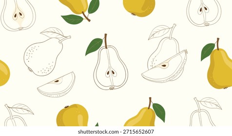 Padrão moderno sem costura, com uma mistura de peras amarelas coloridas e elegantes esboços à mão desenhados do mesmo fruto.