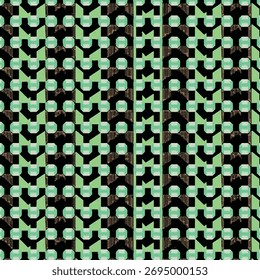 Modern seamless pattern featuring a repeating design of green and black shapes, including rounded circles and cube-like geometric forms, ideal for contemporary textiles, wallpapers.