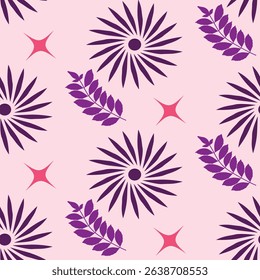 Modern seamless pattern featuring stylized fuchsia sunburst flowers and leafy branches on a pink background. Perfect for textile prints, decor, and digital backdrops.