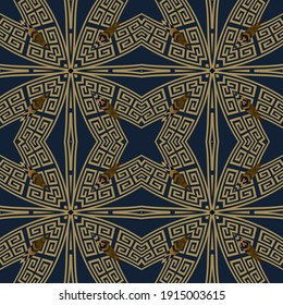 Modern seamless pattern. Floral ornate Deco background. Repeat vector greek backdrop. Geometric golden ornaments with abstract flowers, ancient greek key, meanders, shapes. Ornamental textured design.