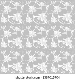 Modern seamless pattern with flowers and curly lines.