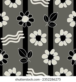 Modern seamless pattern with flowers, leaves and graphic elements on striped gray background. Dark palette. Minimalist style. For textile, wrapping-paper, wallpaper, gift-paper, cover. Vector.