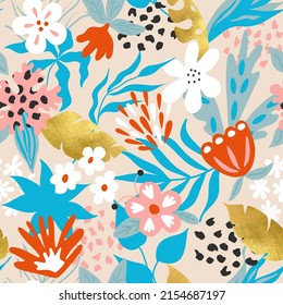 Patrón moderno sin fisuras con flores y hojas.Resumen de fondo para el papel, papel pintado, cubierta, tela y otros usuarios. Ilustración del vector