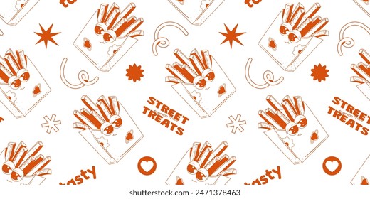 Patrón moderno sin costuras con patatas fritas en una caja de cartón con ojos y varios Elementos. Doodle Elementos, garabatos, texto. Diseño rojo brillante de una taza con papas fritas en estilo groovy	
