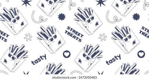 Modern seamless pattern with french fries in a carton box with eyes and various doodles in dark blue color. Doodle elements, scribbles, text. Tasty and stylish edible pattern in groovy style