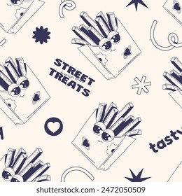 Modern seamless pattern with french fries in a carton box with eyes and various doodles in dark blue color. Doodle elements, scribbles, text. Tasty and stylish edible pattern in groovy style