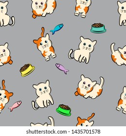 modern seamless pattern funny cat  cartoon pet,  kitty, kitten, doodle, with gray background