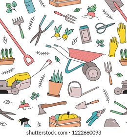 Modern seamless pattern with gardening tools, equipment for plants cultivation and agricultural work on white background. Decorative backdrop. Colorful vector illustration in line art style.