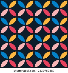 Modern seamless pattern with geometric colored petals on a black background for textiles, fashion fabrics, interior wallpapers. Vector.