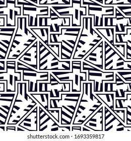 Modern seamless pattern. Geometric pop art style surface print. Repeated striped geo shapes motif. Contemporary creative design texture. Vector graffiti artistic background