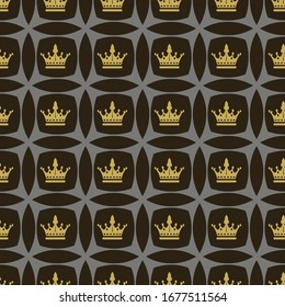 Modern seamless pattern with gold crowns on black background