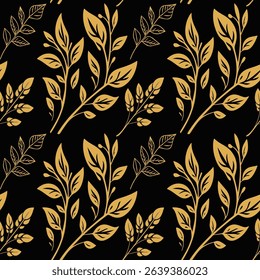 Modern seamless pattern with golden leaf branches in solid and outline styles on a black background. An elegant and versatile design for packaging and textiles.