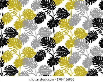 modern seamless pattern with gray black and gold monstera bushes growing vertically on a white background