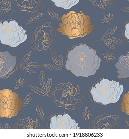 Modern seamless pattern with grey and gold flowers. Grey floral background for textile, fabric manufacturing, wallpaper, covers, surface, print, gift wrap, scrapbooking. Vector.